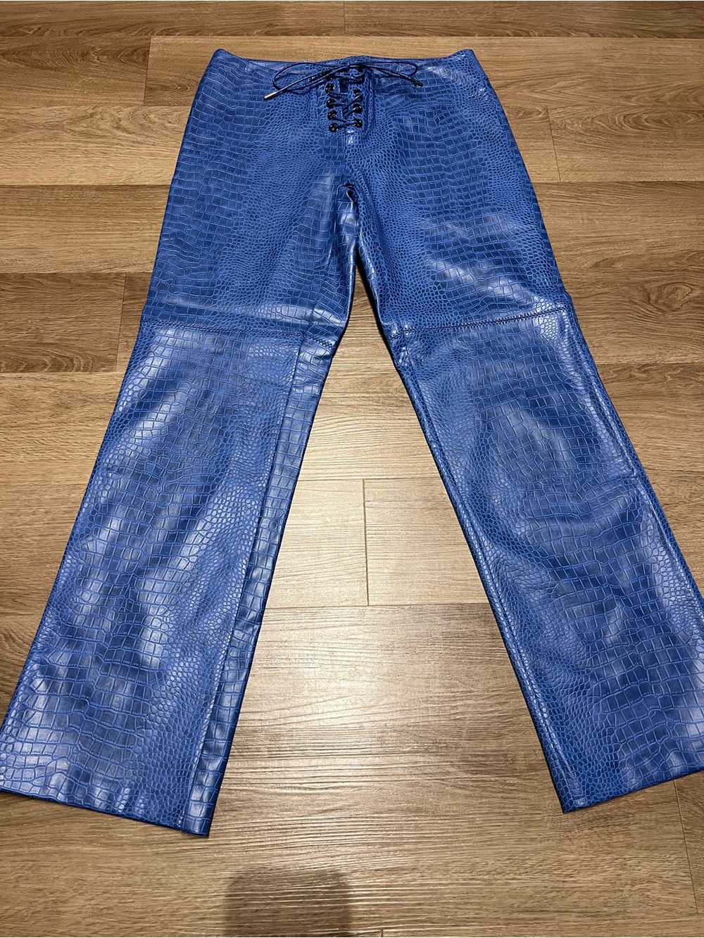 Blue Faux-Croc Straight-Leg Women's full leather pants by naked wardrobe
